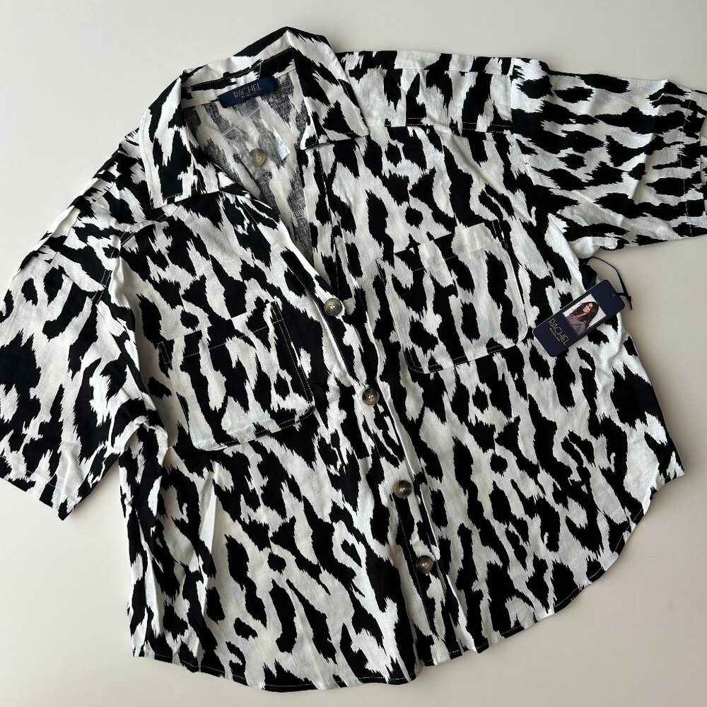 Rachel Roy NWT Animal Print Linen Blend Button-Down Top